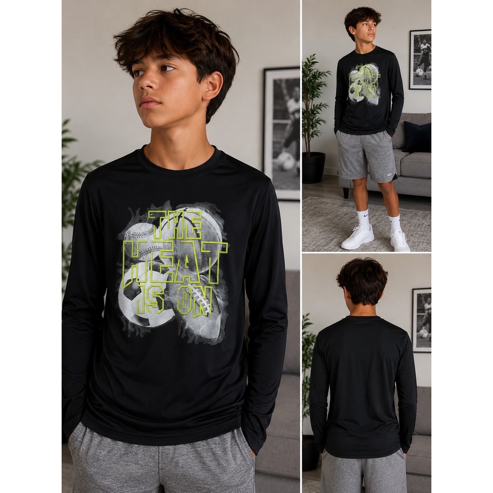Athletic Works Boys XL 14-16 Black Performance Long Sleeve Graphic Sport Shirt